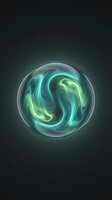 Glowing orb with swirling cyan and lime energy waves inside transparent sphere on dark background, isolated for game design, UI elements, and digital art projects.