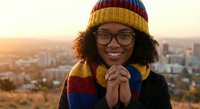 Young African American woman with curly hair wearing colorful striped winter hat and scarf, smiling warmly at camera during golden hour sunset in urban city.