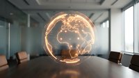 Glowing holographic Earth globe floating above modern conference table in corporate boardroom for global business meetings and international strategy planning.