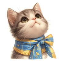 Adorable cartoon kitten wearing blue and gold patterned scarf with bow looking up with big green eyes, fluffy white and brown fur on isolated background.