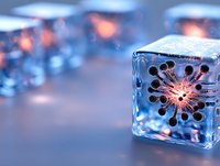 Glowing virus particle trapped in ice cube with blue illumination, microscopic view showing detailed molecular structure in frozen crystal formation.