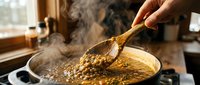 Wooden spoon lifting hot pasta from boiling water in pot, steam rising, kitchen cooking scene.