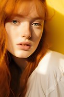Young woman with natural red hair and green eyes in warm golden lighting wearing white top, close-up portrait showing freckled skin and natural makeup look.
