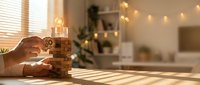 Hand placing wooden block with gear icon on tower in modern office space with warm lighting and plants creating strategic business planning concept.