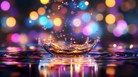 Dramatic water crown splash captured with colorful bokeh lights background creating magical atmosphere. Frozen motion photography with liquid droplets and reflections.