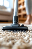 Close-up view of vacuum cleaner brush head on beige carpet showing detailed bristles and cleaning action, with blurred background of home interior.