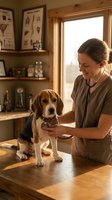 Female veterinarian in scrubs examining brown and white beagle dog with stethoscope in clinic office with wooden furniture and shelving for veterinary care.