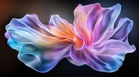 Ethereal flowing silk fabric in motion with vibrant gradient colors from blue to purple and coral pink, creating an abstract floral shape against dark background.