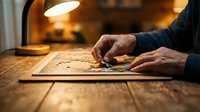 Senior man solving wooden jigsaw puzzle at home table with warm lamp lighting, hands focused on connecting pieces for mental exercise and leisure activity.