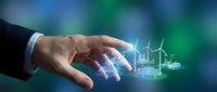 Male hand in business suit touching holographic wind turbines and renewable energy infrastructure visualization against blurred green background for sustainable technology concepts.