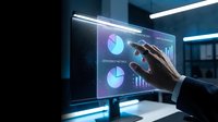 Male professional in business attire interacting with holographic data visualization display showing pie charts and bar graphs in modern office environment with neon blue lighting.