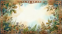 Vintage botanical frame with ornate border, ferns and foliage in earthy tones surrounding cream center space, suitable for invitations and design projects.