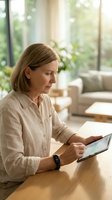 Mature Caucasian woman using tablet computer at home office desk in bright modern living room for remote work and digital communication.