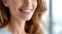 Closeup of bright smile with ceramic dental braces showing healthy white teeth and pink lipstick on young woman with blonde wavy hair. Dental care and orthodontics concept.