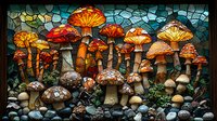 Glowing mushrooms in stained glass style artwork featuring luminous orange and red toadstools against dark mosaic background with magical forest atmosphere.