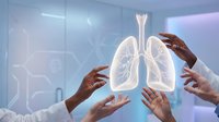 Medical team protecting holographic lungs model in modern healthcare facility with digital interface technology for respiratory system education and treatment.