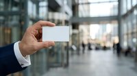 Man in business suit holding blank white card in modern urban office lobby with blurred background, suitable for corporate branding, business card mockups, and professional presentations.