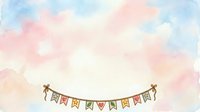 Young couple celebrating with colorful bunting banner against soft watercolor sky backdrop, perfect for wedding invitations, greeting cards, and festive event designs.