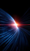 Abstract light burst with radiating blue and orange energy streams against black background, creating dynamic perspective and motion effect for technology concepts.