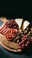 Gourmet charcuterie board with salami, cheese, grapes, olives and crackers on wooden platter against dark background for entertaining and food styling.