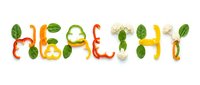 Word healthy spelled with colorful fresh vegetables including peppers, spinach and cauliflower, isolated on white background for nutrition and wellness concepts.