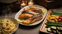 Grilled salmon fillets with lemon and herbs served alongside roasted asparagus and colorful vegetables on wooden cutting board for healthy dinner meal.