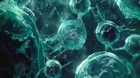Microscopic view of glowing turquoise cells or viruses floating in dark space with water splash effects and particles, scientific medical background concept.