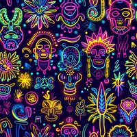 Vibrant neon tribal pattern with mystical masks, flowers and abstract symbols perfect for festival merchandise, party decorations or modern bohemian designs. Seamless repeat for fabric and wallpaper.