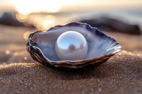 Single pearl in open oyster shell on sandy beach at sunset with soft bokeh background, luxury jewelry concept macro photography.