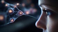 Close up view of female face profile observing glowing neural network connections on dark background, representing artificial intelligence and brain activity visualization.