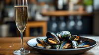 Steamed mussels served on black plate with glass of sparkling wine. Moody restaurant setting with wooden table and blurred background creates luxurious dining atmosphere.