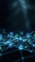 Digital network connections with glowing blue lines and cloud computing icons on dark technological background for business presentations.