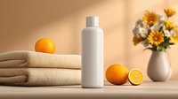 White cosmetic bottle with folded beige towels, fresh oranges, and sunflowers in vase on warm-toned surface with soft natural lighting.