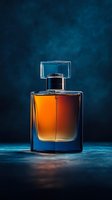Elegant glass perfume bottle with amber liquid against dark blue background, dramatic lighting creates luxurious mood for cosmetic and fragrance advertising.