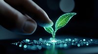 Glowing green digital plant sprout touched by human finger against dark background with bokeh lights, representing growth and technology innovation in agriculture.