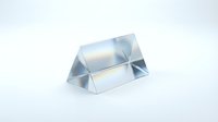 Clear crystal prism on white background creating rainbow light refraction effects for optical physics education and scientific demonstrations.