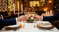 Elegant couple toasting with wine glasses at romantic candlelit dinner table in upscale restaurant with warm bokeh lights creating intimate dining atmosphere.