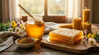 Golden honey in glass jar with wooden dipper, honeycomb on wooden board, pollen, candles and chamomile flowers on rustic table by window for natural food and wellness content.
