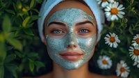 Young woman wearing green clay facial mask and white towel surrounded by blooming chamomile flowers in garden setting, natural skincare and wellness concept.