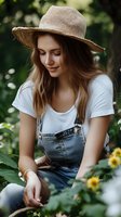 Young woman in straw hat and denim overalls smiling while sitting in garden with yellow flowers, natural summer lifestyle portrait in soft lighting.