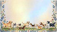 Diverse group of dog breeds standing together in grassy field surrounded by decorative floral border frame, suitable for pet-related designs, greeting cards, and animal illustrations.
