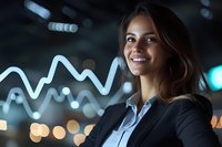 Young Hispanic businesswoman smiling with glowing financial chart line in background, bokeh city lights create modern corporate atmosphere. Success concept.