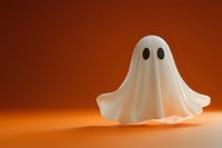 White ghost figure with black eyes floating on orange background, spooky halloween character casting soft shadow, minimal festive decoration concept.