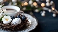 Decorative Easter nest with painted egg, white flowers and blueberries on vintage plate next to coffee cup. Dark moody background with bokeh lights creates cozy atmosphere.