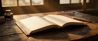 Open book on rustic wooden table with warm sunlight streaming through windows creating cozy reading atmosphere for education and literature concepts.