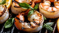 Grilled jumbo shrimp with fresh basil leaves and citrus slices on dark background, seasoned with black pepper. Close up macro food photography.