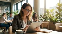 Professional businesswoman with glasses using tablet in modern office cafe environment with colleagues working in background.
