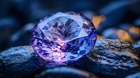Large purple crystal gem on dark stone with bokeh light effects in background, faceted round brilliant cut jewel with pink and blue reflections.