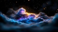 Vibrant cosmic nebula with glowing blue and golden clouds against starry dark space background, creating ethereal celestial landscape for astronomy and science designs.