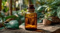 Amber glass bottle with cork stopper containing golden oil surrounded by tropical green leaves on rustic wooden surface for natural wellness and aromatherapy.